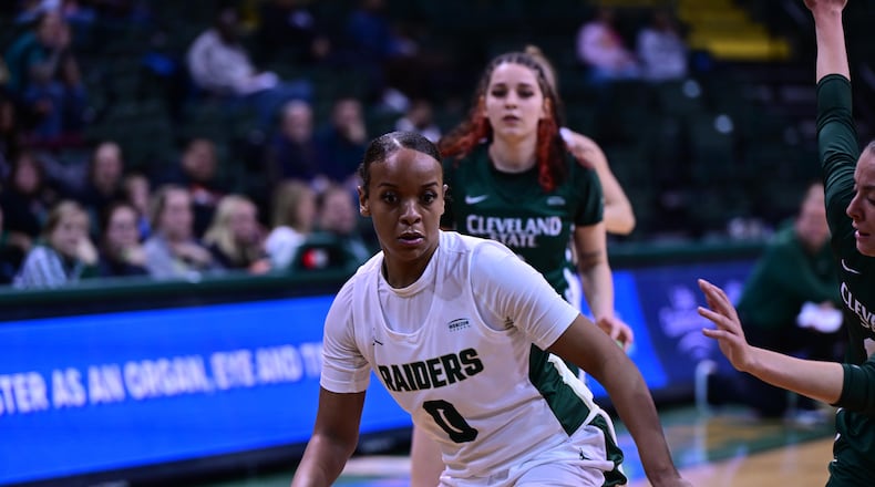 Wright State's Jada Tate drives against a Cleveland State defender at the Nutter Center on Jan. 17, 2024. Joe Craven/Wright State Athletics