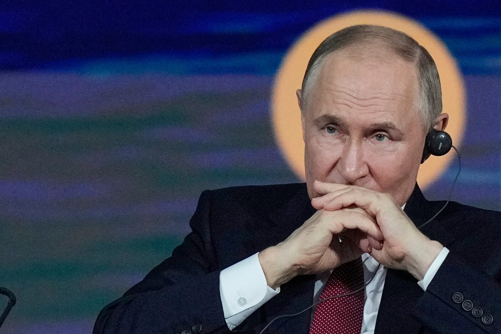 Russian President Vladimir Putin attends a plenary session of the St. Petersburg International Economic Forum in St. Petersburg, Russia, on Friday, June 20, 2025. (AP Photo/Dmitri Lovetsky)