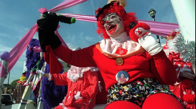 Piqua, Ohio, held its annual Great Outdoor Underwear Festival in 1996. Many people walked the main street of Piqua wearing their longjohns, including this clown who was on a float in the parade Sunday, Oct. 13, 1996. Other events included the Undy 500 (a go-kart race), an undy celebrity auction (which included the auctioning of a pair of boxer shorts signed by presidential candidate Bob Dole), and the drop seat trot (a five-mile foot race). The festival celebrates Piqua's heritage of being the center of underwear manufacturing. (AP Photo/Call, Tariq Zehawi)