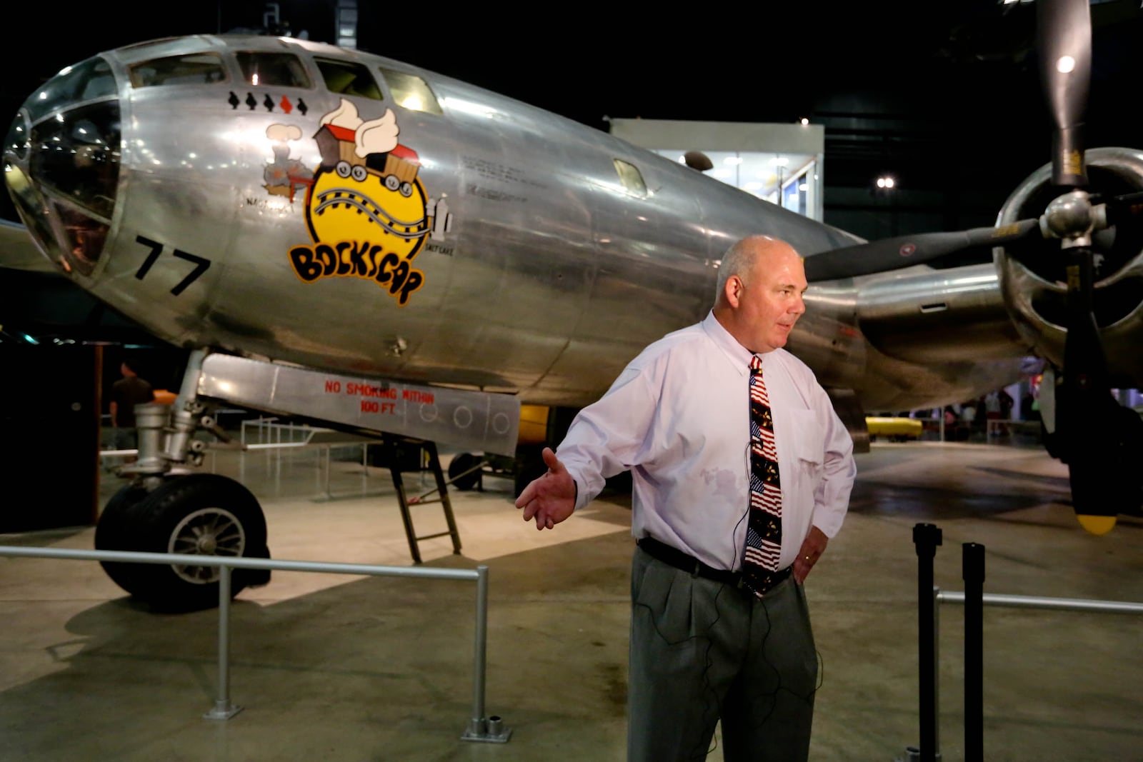 Aug. 9, 1945 is the 70th anniversary of the dropping of the atomic bomb on Nagasaki. Six days later, the Japanese surrendered.The plane that dropped the bomb, the B-29 Bockscar is at the National Museum of the U.S. Air Force. Joe Sweeney, the son of the B-29 pilot Charles Sweeney, was at the museum Friday for media interviews and to give a talk in the auditorium. JIM WITMER/STAFF