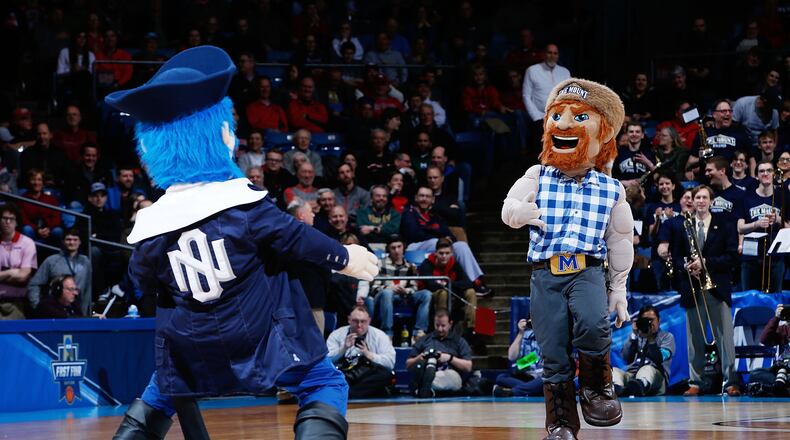 DAYTON, OH - MARCH 14: The Mount St. Mary's Mountaineers mascot and the New Orleans Privateers mascot perform during the First Four game in the 2017 NCAA Men's Basketball Tournament at UD Arena on March 14, 2017 in Dayton, Ohio. (Photo by Joe Robbins/Getty Images)