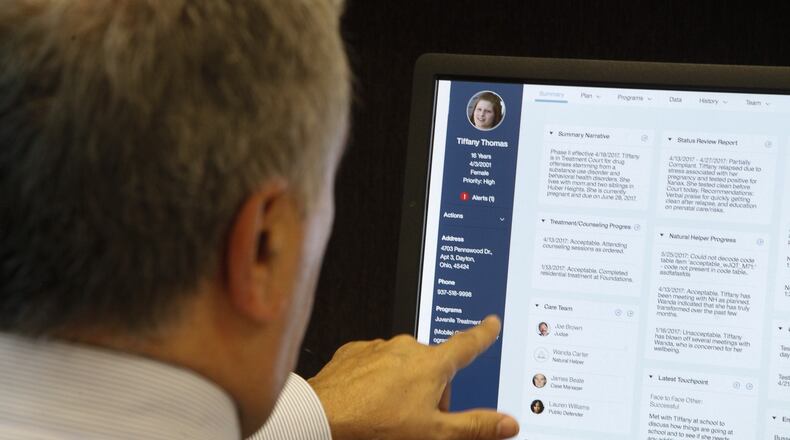 Montgomery County Juvenile Court Judge Anthony Capizzi is working with IBM to harness the power of the company’s Watson computer to help judges make quicker, more intelligent decisions in specialty court cases. This sample fictitious page shows a case’s dashboard information available to a judge. CHRIS STEWART / STAFF