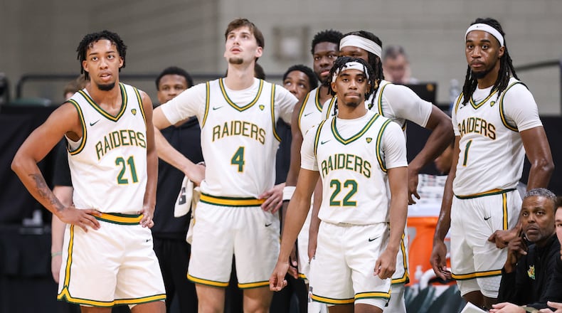 Wright State players watch from the bench during an 86-37 win over Franklin College 86-37 in a season opener on Monday, Nov. 3 at Ervin J. Nutter Center in Fairborn. BRYANT BILLING/STAFF