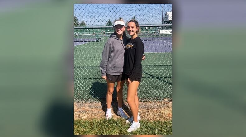 Centerville's Clara Owen (left) and Caroline Hinshaw won a Division I sectional doubles title on Wednesday at Centerville High School. Debbie Juniewicz/CONTRIBUTED