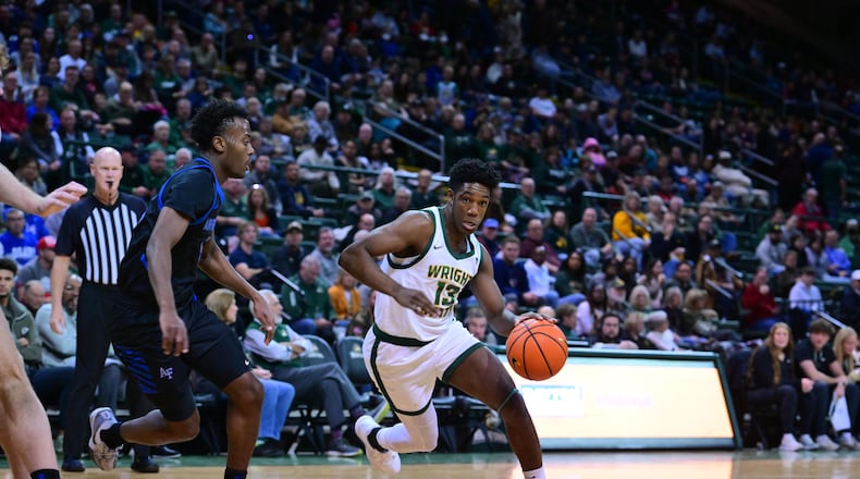 Wright State's Solomon Callaghan drives past an Air Force defender during a game at the Nutter Center on Nov. 30, 2024. Joe Craven/Wright State Athletics