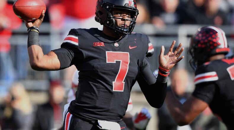 COLUMBUS, OH - NOVEMBER 3:  Quarterback Dwayne Haskins #7 of the Ohio State Buckeyes passes in the fourth quarter against the Nebraska Cornhuskers at Ohio Stadium on November 3, 2018 in Columbus, Ohio. Ohio State defeated Nebraska 36-31.  (Photo by Jamie Sabau/Getty Images)