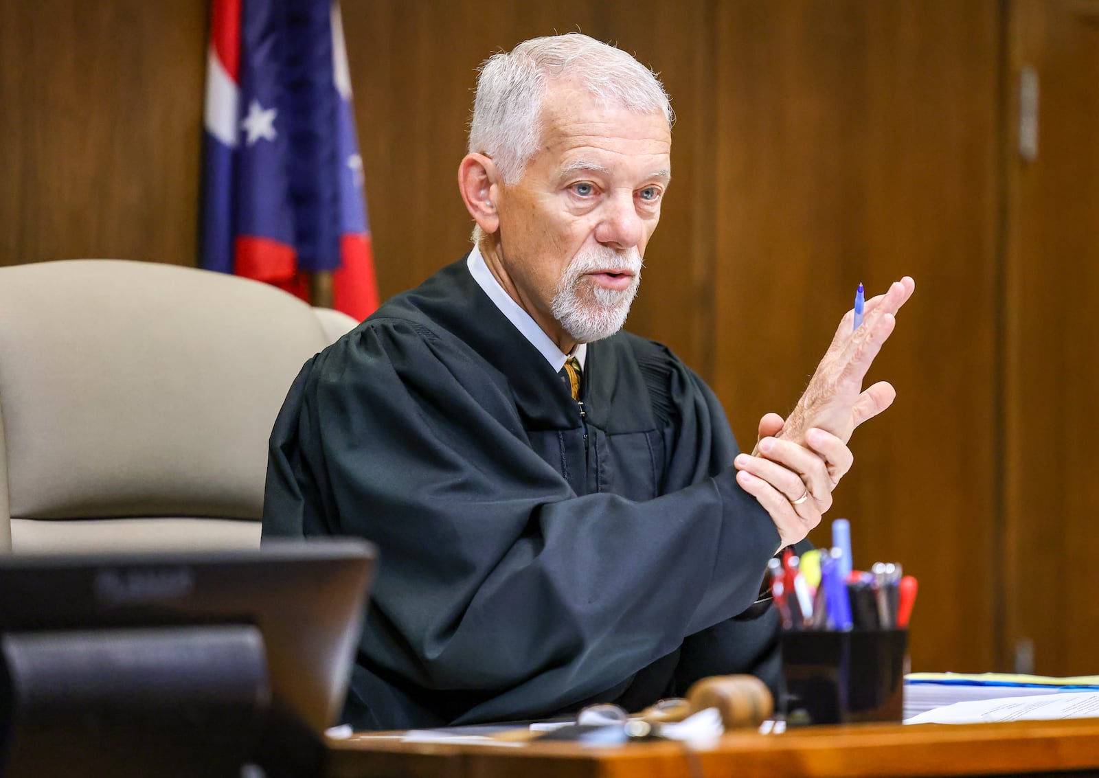 Visiting Judge Jonathan Hein talks during a trial of Miami Township fiscal officer Robert Matthews on Monday, March 9 at Montgomery County Common Pleas Court. BRYANT BILLING / STAFF
