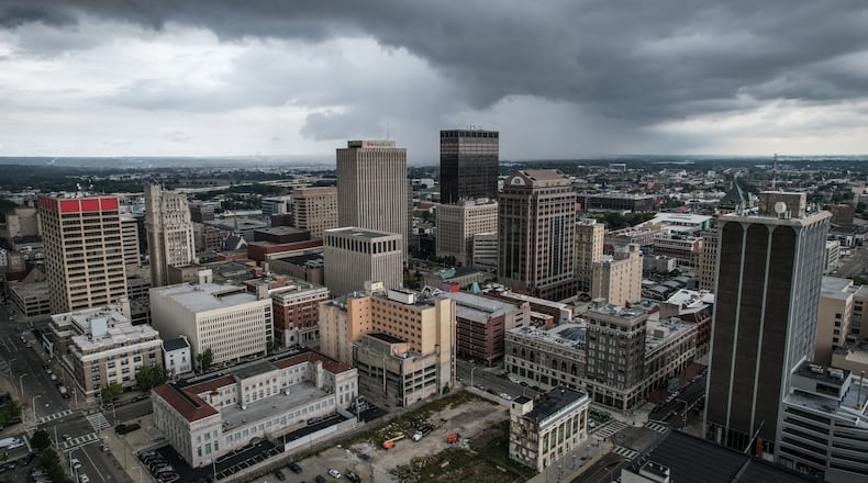 This is an aerial of downtown Dayton skyline looking northeast. JIM NOELKER/STAFF