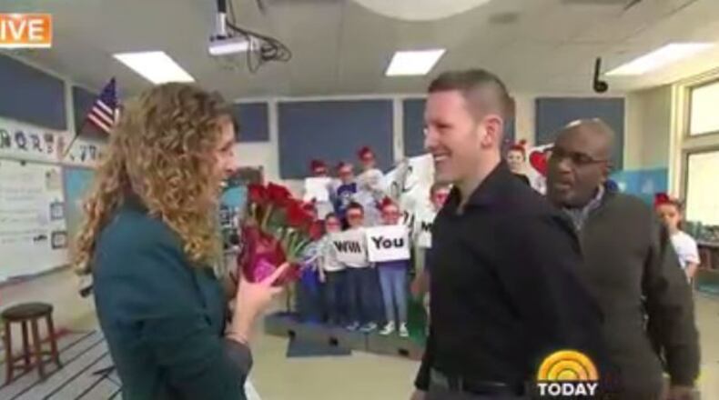 Al Roker from NBC's Today visited 
Cherry Hill Primary School in Washington Courthouse to help Christopher Vestal of Wilmington proposal to his girlfriend Kimberly Gepfrey.