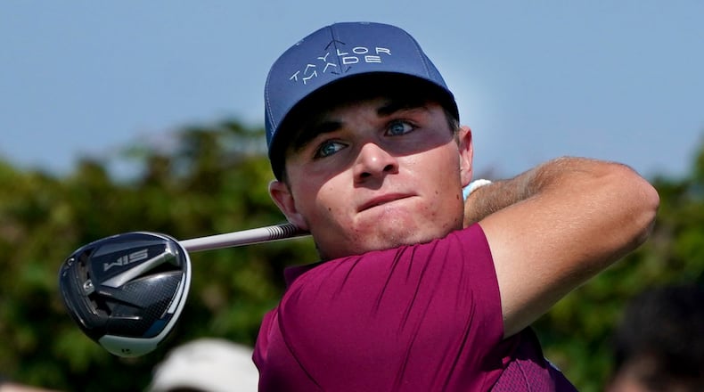 Austin Greaser tees off the ninth hole during the semifinals of the U.S. Amateur golf tournament Saturday, Aug. 14, 2021, at Oakmont Country Club in Oakmont, Pa. (Matt Freed/Pittsburgh Post-Gazette via AP)