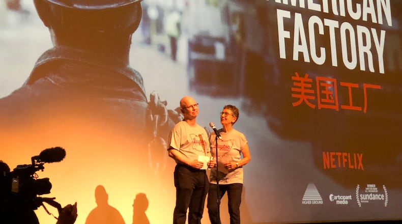 “American Factory”  from Oscar-nominated filmmakers Steve Bognar and Julia Reichert made its theatrical debut Monday, Aug. 19 at the Victoria Theatre in downtown Dayton. The Yellow Springs couple is pictured on stage.