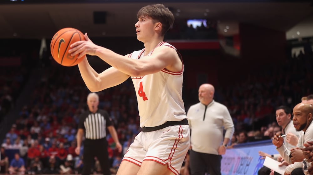 Dayton's Jordan Derkack makes a 3-pointer in the first half against Saint Louis on Tuesday, Feb. 24, 2026, at UD Arena. David Jablonski/Staff