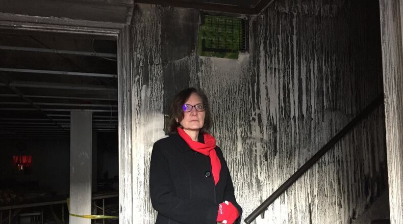 Bethel AME Church in Lebanon caught fire Dec. 13, 2017. Pastor Karen Schaeffer stands inside on Dec. 21, 2017. BONNIE MEIBERS/STAFF
