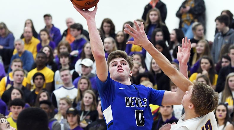 Brookville senior guard Jacob Gudorf (shooting) is first in the SWBL in assists and among the top three in points, rebounds and steals. NICK FALZERANO / NICHOLAS STUDIO