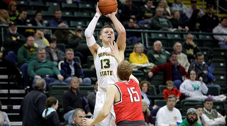 Grant Benzinger’s double-double of 12 points and 10 rebounds couldn’t save Wright State from a home loss to Youngstown State. TIM ZECHAR / CONTRIBUTED