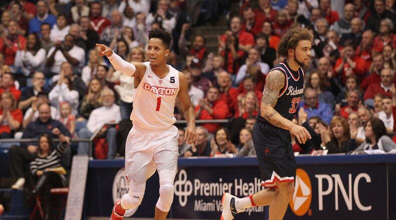 Dayton's Darrell Davis celebrates after making a 3-pointer against Richmond on Jan. 19, 2017.