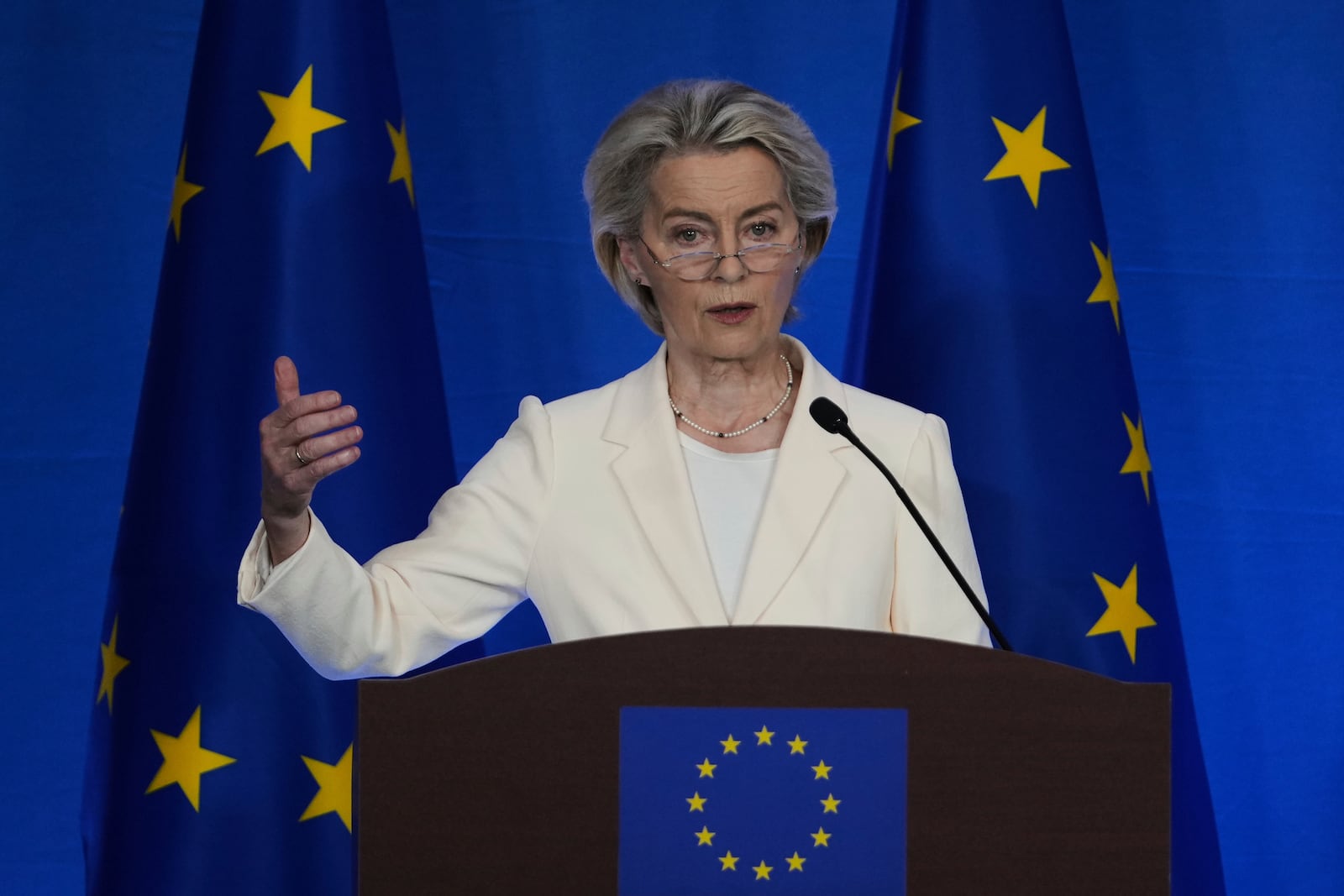 President of the European Commission Ursula von der Leyen speaks during a press conference with President of the European Council Antonio Costa after attending the China EU Summit with Chinese leaders, in Beijing, Thursday, July 24, 2025. (AP Photo/Andy Wong)
