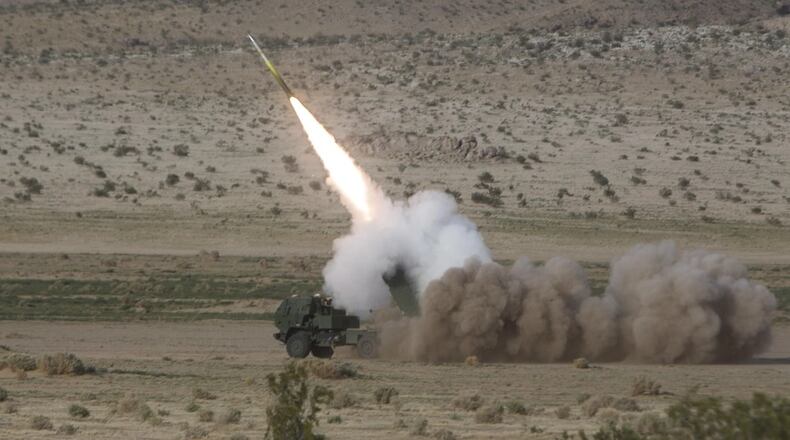 Marines with the 2nd Battalion, 14th Marine Regiment, 4th Marine Division fire a M142 high mobility artillery rocket system rocket during an exercise at Twenty Nine Palms, Calif. in April 2017. Photo by Lance Cpl. Clare McIntire