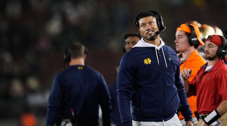 Notre Dame head coach Marcus Freeman reacts on the sideline during the second half of an NCAA college football game against Stanford, Saturday, Nov. 29, 2025, in Stanford, Calif. (AP Photo/Godofredo A. Vásquez)