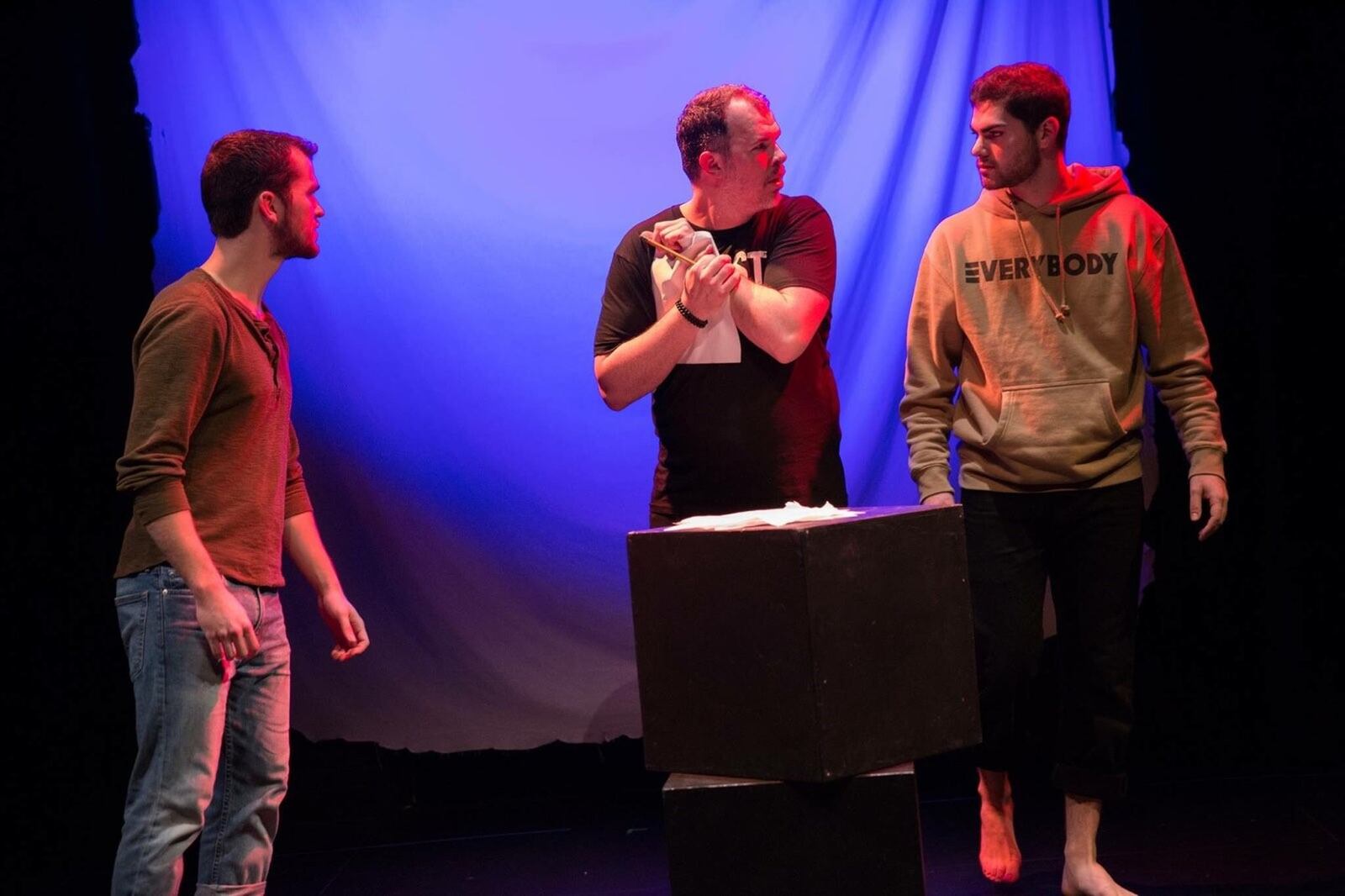 Dayton football player Christopher Papalia (right) acting in the production “Unfinished” at the Black Box Theatre in Fitz Hall on the UD campus in February. CONTRIBUTED