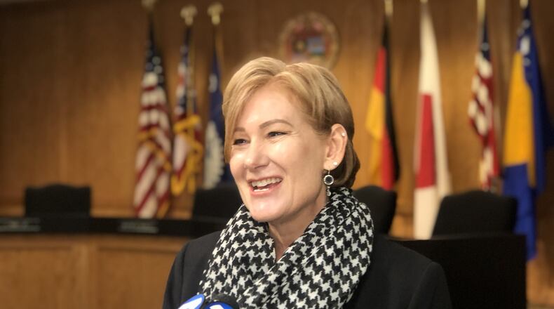 Dayton City Manager Shelley Dickstein talks after a recent city commission meeting. CORNELIUS FROLIK / STAFF