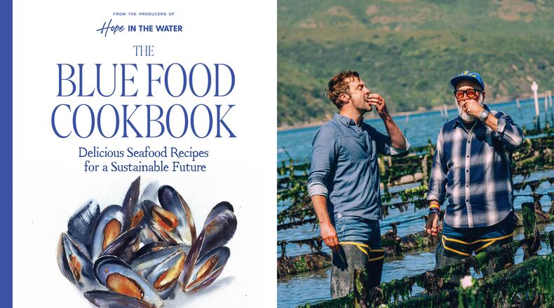 This combination of images released by Harvest, an imprint of HarperCollins Publishers, shows cover art for "The Blue Food Cookbook: Delicious Seafood Recipies for a Sustainable Future," left, and a photo of co-authors Barton Seaver, left, and Andrew Zimmern. (Harvest via AP, left, and Eric Wolfinger via AP)