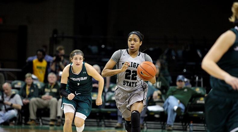 Wright State’s Chelsea Welch leads a fastbeak in Horizon League vs. Green Bay at the Nutter Center last season. TIM ZECHAR/CONTRIBUTED