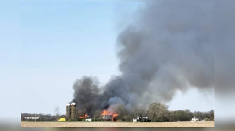 A fire in Monroe Twp. on April 23, 2022, destroyed a barn and resulted in nearly $300,000 in damage. Photo courtesy Tipp City Fire & Emergency Services.