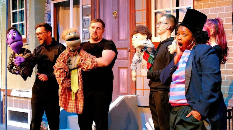 From left: Marc Driscoll (Rod), Matthew Ebersbach (Nicky), Nolan Todd (Princeton) and Jasmine Simon (Gary Coleman) in Dayton Playhouse's production of "Avenue Q." Photo by Ray Geiger
