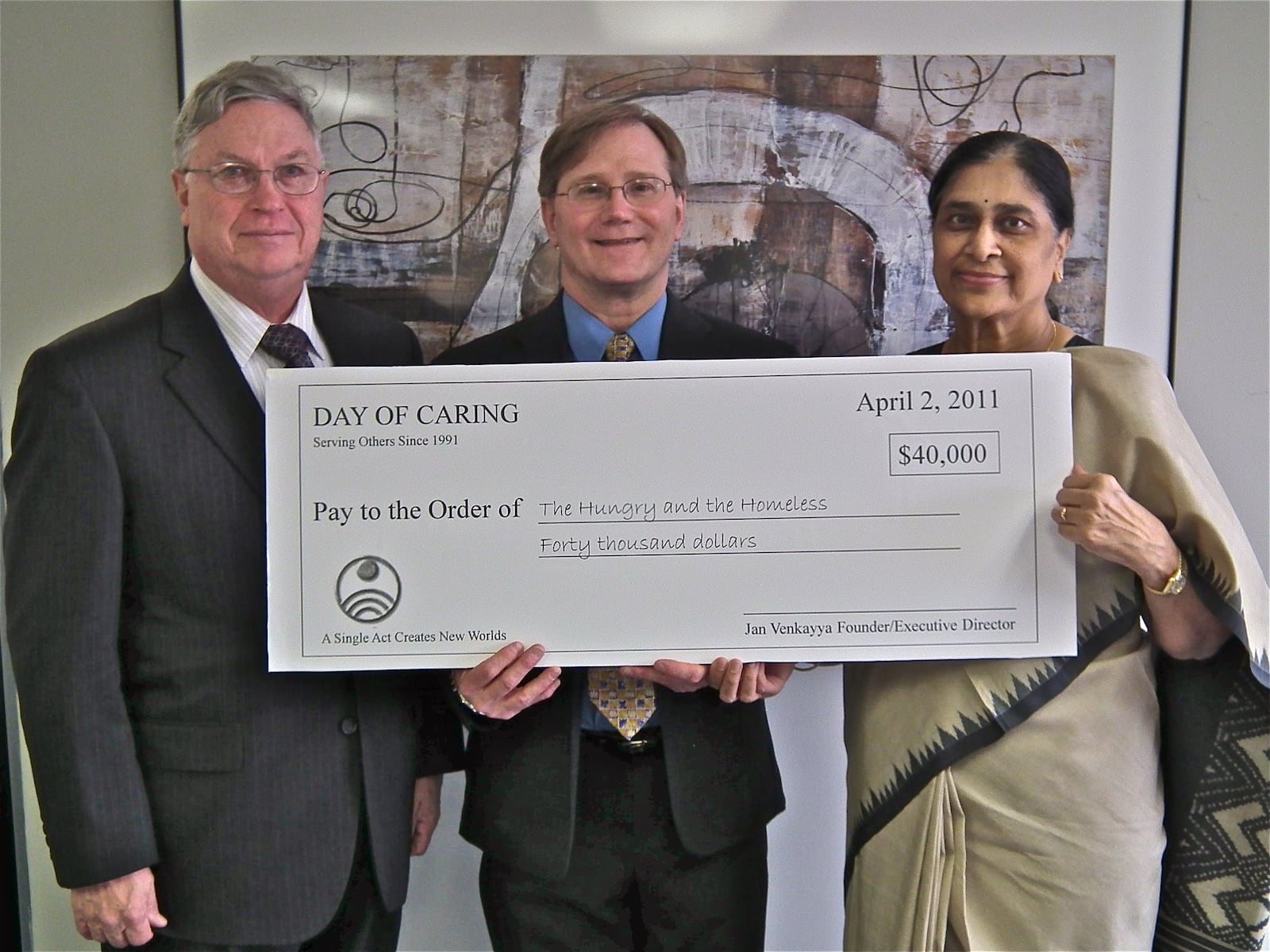 Pictured left to right: Day of Caring Executive Director, Hans Marlette, Trustee, Steve Pax, and Founder, Jan Venkayya celebrating the results of a pancake brunch
CONTRIBUTED