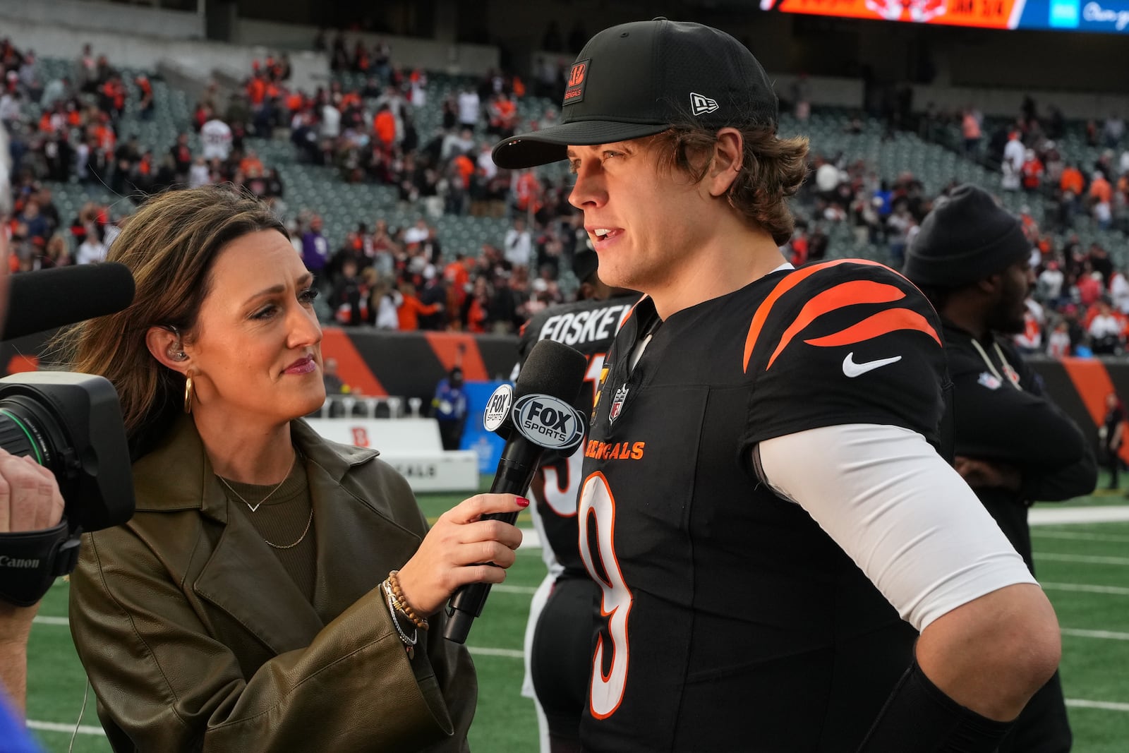 Cincinnati Bengals quarterback Joe Burrow speaks during an interview after an NFL football game against the Arizona Cardinals, Sunday, Dec. 28, 2025, in Cincinnati. (AP Photo/Jeff Dean)