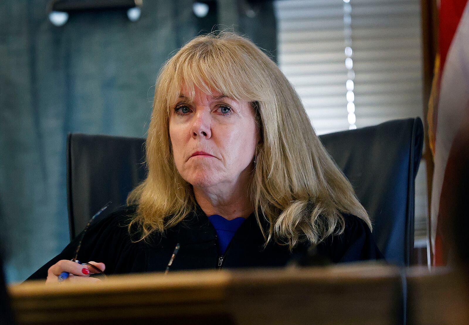 Superior court judge Beverly Cannone listens to testimony during the Karen Read retrial in Norfolk Superior Court on Wednesday, June 11, 2025, Dedham, Mass. (Greg Derr/The Patriot Ledger via AP, Pool)