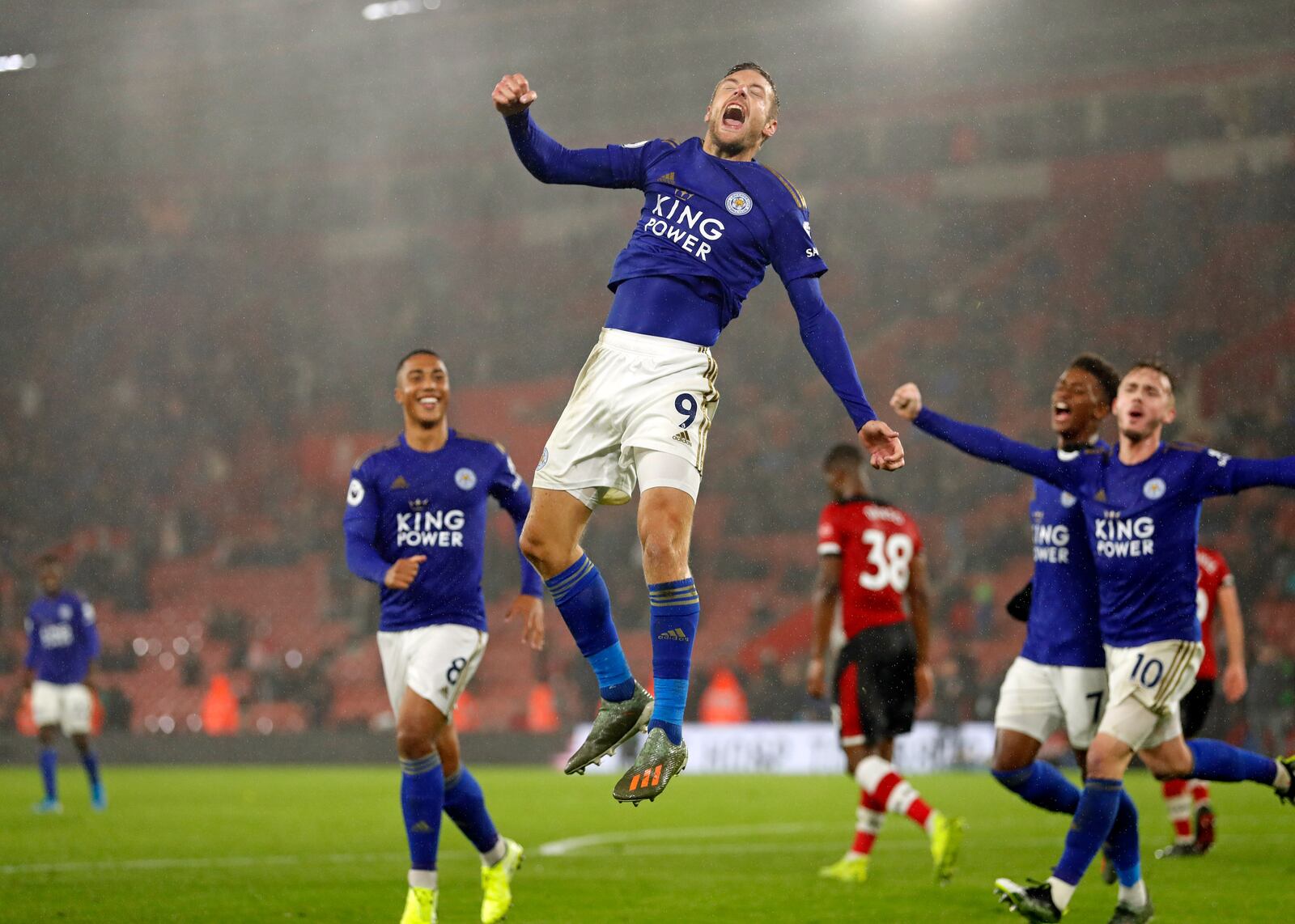 FILE - Leicester's Jamie Vardy celebrates scoring his side's ninth goal during the English Premier League soccer match between Southampton and Leicester City at St Mary's stadium in Southampton, England Friday, Oct., 25, 2019. (AP Photo/Alastair Grant, File)