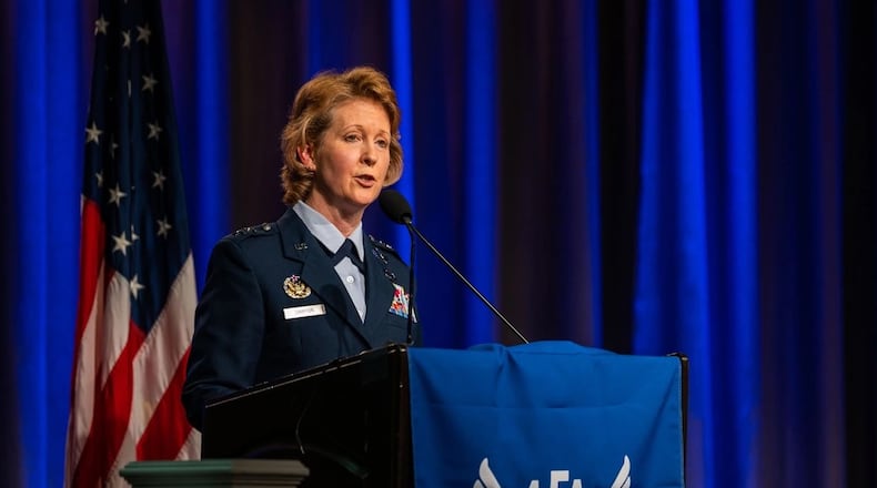 Maj. Gen. Donna Shipton speaks during the 7th Annual Air Force Association Schriever Space Futures Forum at the Beverly Hills Hilton Hotel in Beverly Hills in November 2021. U.S. Space Force photo by Staff Sgt. Luke Kitterman