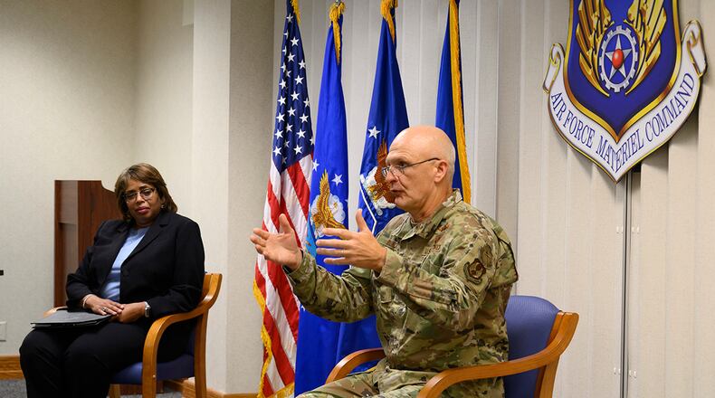 Gen. Arnold W. Bunch Jr, commander, Air Force Materiel Command, and Teresa Bickett, deputy director, Financial Management, AFMC, conduct a Diversity and Inclusion Sensing session with the virtual Squadron Leader Orientation course attendees. More than 60 Air Force leaders were present for the session, which explored how to conduct crucial conversations about diversity within an organization. (U.S. Air Force photo/Richard Hoiles)