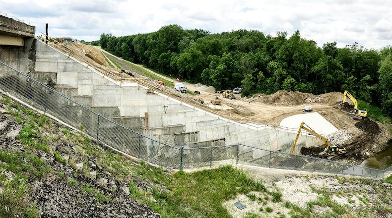 A Miami Conservancy District contractor replaced 15 vertical feet of deteriorating concrete with new on a spillway wall at Lockington Dam in southern Shelby County. MIAMI CONSERVANCY DISTRICT
