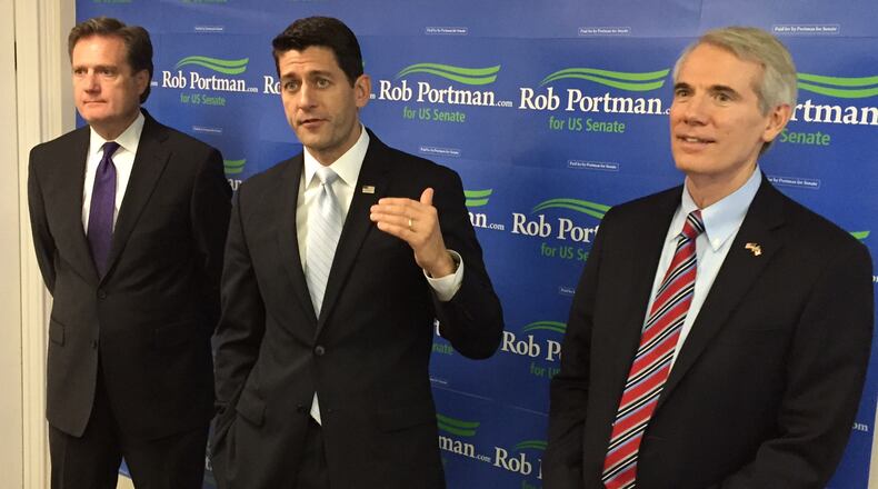 U.S. House Speaker Paul Ryan (center) campaigned in Centerville for Sen. Rob Portman (right). U.S. Rep. Mike Turner, D-Dayton was also there (left).