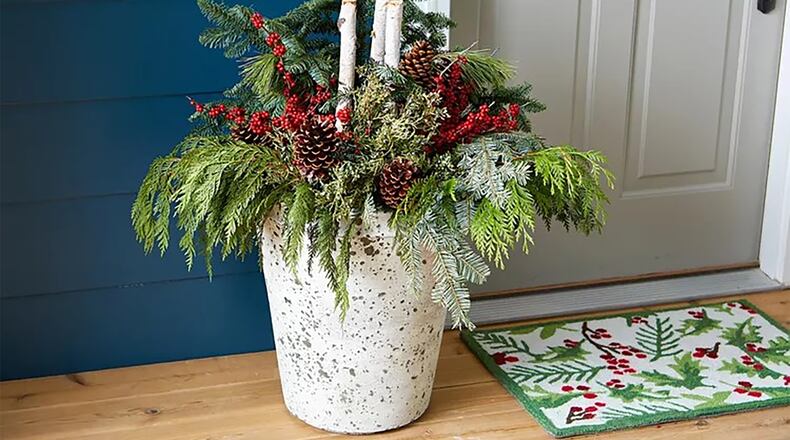 Seasonal container planters can add color and interest to outdoor spaces. This one is themed to the upcoming holiday season and is easy to put together.