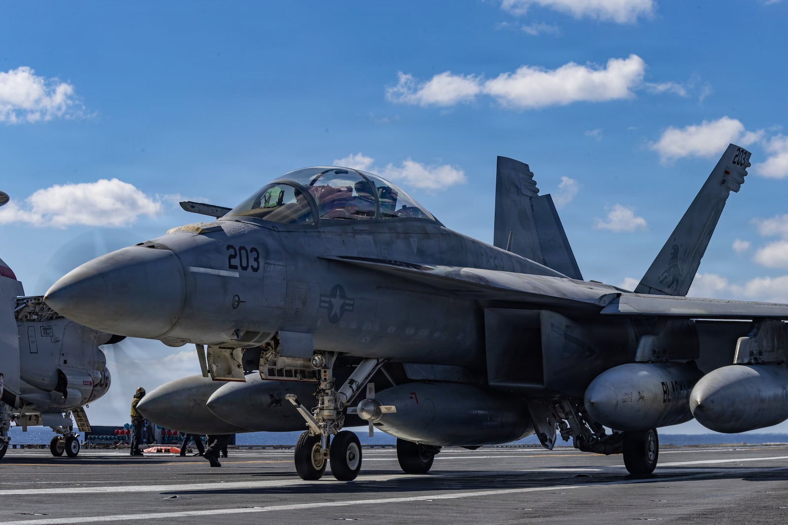 An F/A-18F Super Hornet aircraft, attached to Strike Fighter Squadron 213, prepares to launch from the flight deck of the world’s largest aircraft carrier, USS Gerald R. Ford (CVN 78), while operating in support of Operation Epic Fury, Feb. 28, 2026. (Navy photo)