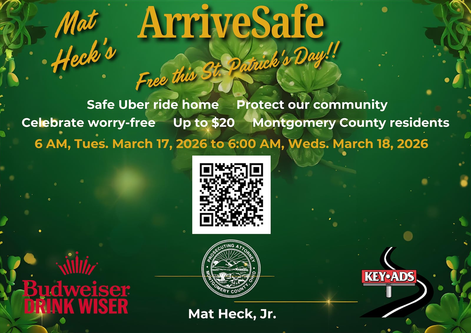 A flyer for Montgomery County Prosecutor Mat Heck's ArriveSafe program for St. Patrick's Day 2026. PROVIDED