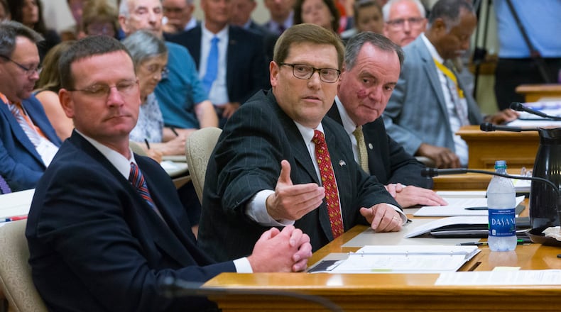 Department of Administration Secretary Scott Neitzel, second from left, speaks about incentives for Taiwan-based Foxconn Technology Group before the Wisconsin Assembly, Aug. 3, at the state Capitol in Madison, Wis. The state has to approve $3 billion in tax breaks tied to Foxconn hiring and spending in the state. (Mark Hoffman/Milwaukee Journal-Sentinel via AP)