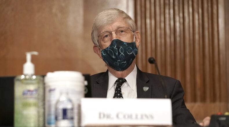 Dr. Francis Collins, Director of the National Institutes of Health, attends a Senate Health, Education, Labor and Pensions Committee hearing to discuss vaccines and protecting public health during the coronavirus pandemic on Capitol Hill, Wednesday, Sept. 9, 2020, in Washington. (Greg Nash/Pool via AP)