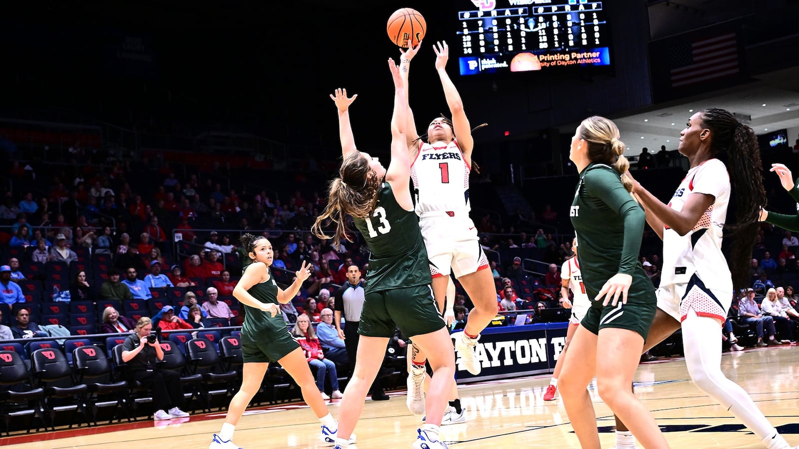 Senior guard Nayo Lear scored a game-high 20 points to lead the Dayton Flyers women's team to a 86-44 victory over Mercyhurst in the home opener Thursday night at UD Arena. Lear was also the team's leading scorer with 22 points in the season-opening loss last Monday night at Illinois State. The 5-foot-10 guard is one of just two players (walk-on Eleanor Monyek is the other) who has been on each of the four teams coach Tamika Williams-Jeter has fielded since she took over the Flyers program before the 2022-23 season. UD ATHLETICS / CONTRIBUTED PHOTO