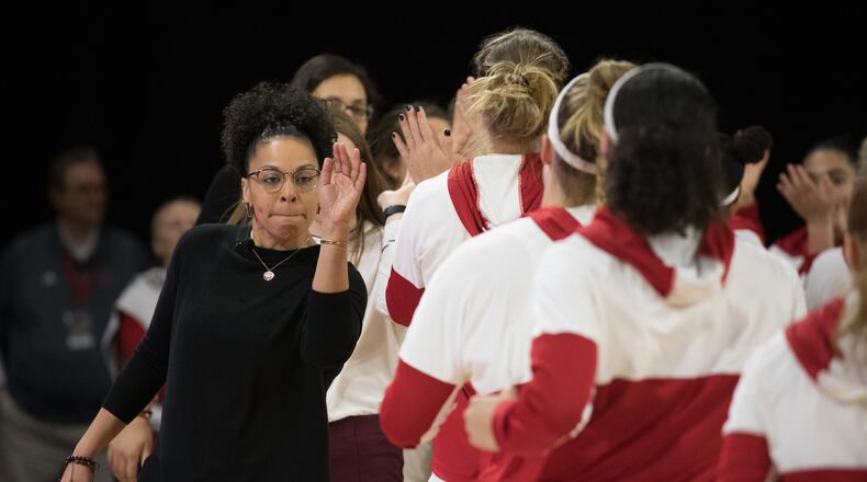 Miami women's basketball coach DeUnna Hendrix during a game last season vs. Akron. Miami Athletics photo