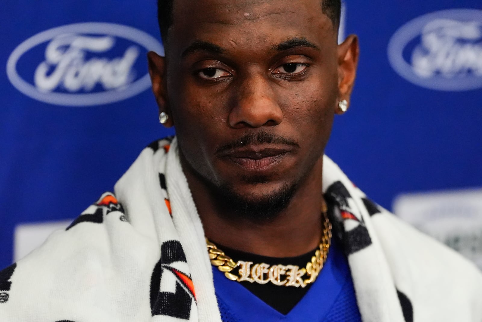 New York Giants wide receiver Malik Nabers (1) speaks during a press conference at the team's NFL football training camp in East Rutherford, N.J., Wednesday, July 23, 2025. (AP Photo/Yuki Iwamura)