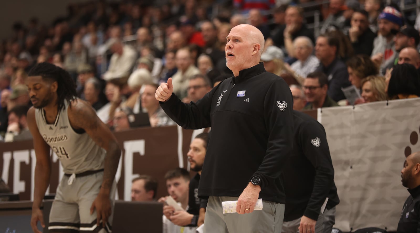 St. Bonaventure's Mark Schmidt coaches during a game against Dayton on Tuesday, Jan. 28, 2025, at the Reilly Center in St. Bonaventure, N.Y.. David Jablonski/Staff