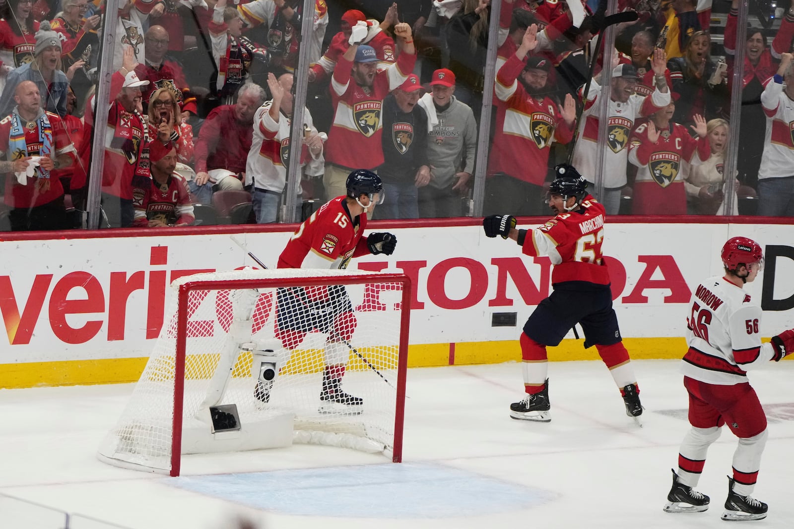 Florida Panthers center Brad Marchand (63) reacts after scoring a goal against the Carolina Hurricanes during the third period in Game 3 of the NHL hockey Stanley Cup Eastern Conference finals Saturday, May 24, 2025, in Sunrise, Fla. (AP Photo/Lynne Sladky)