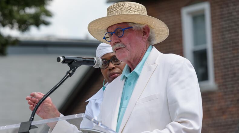Here are scenes from the unveiling and dedication ceremony for The Seed of Life 8/4 Memorial, located at 530 E. Fifth St. in The Oregon District next to The Trolley Stop on Sunday, Aug. 4, 2024. The memorial, created to honor the victims of the Aug. 4, 2019 Oregon District shooting, is a collaboration by Terry Welker, Jes McMillan, Sierra Leone, and James Pate with help from 5,000 volunteers. TOM GILLIAM / CONTRIBUTING PHOTOGRAPHER