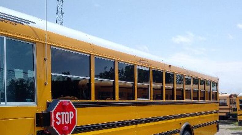 No injuries were reported when a Miamisburg school bus was hit Monday morning. STAFF PHOTO
