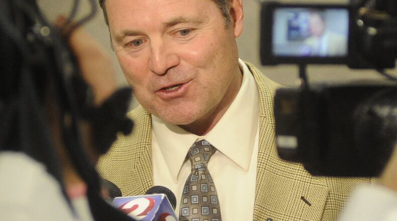 New Dayton Dragons manager Dick Schofield addresses the Dayton media for the first time at Fifth Third Field on Wednesday, Feb. 3, 2016. MARC PENDLETON / STAFF